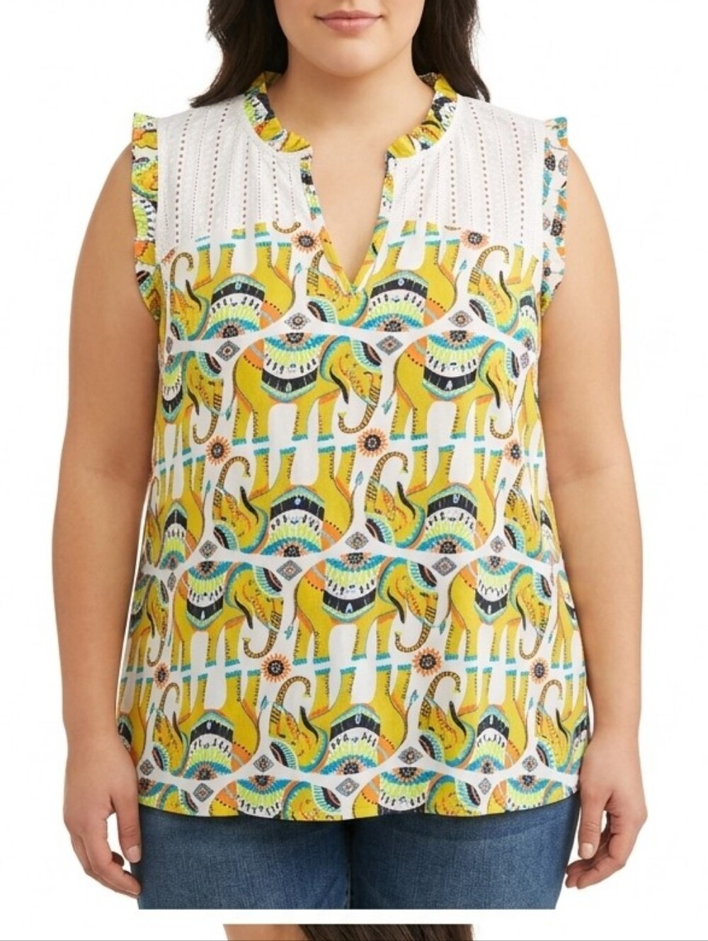 NWT Crown & Ivy Elephant Print Eyelet Ruffle Sleeveless Top